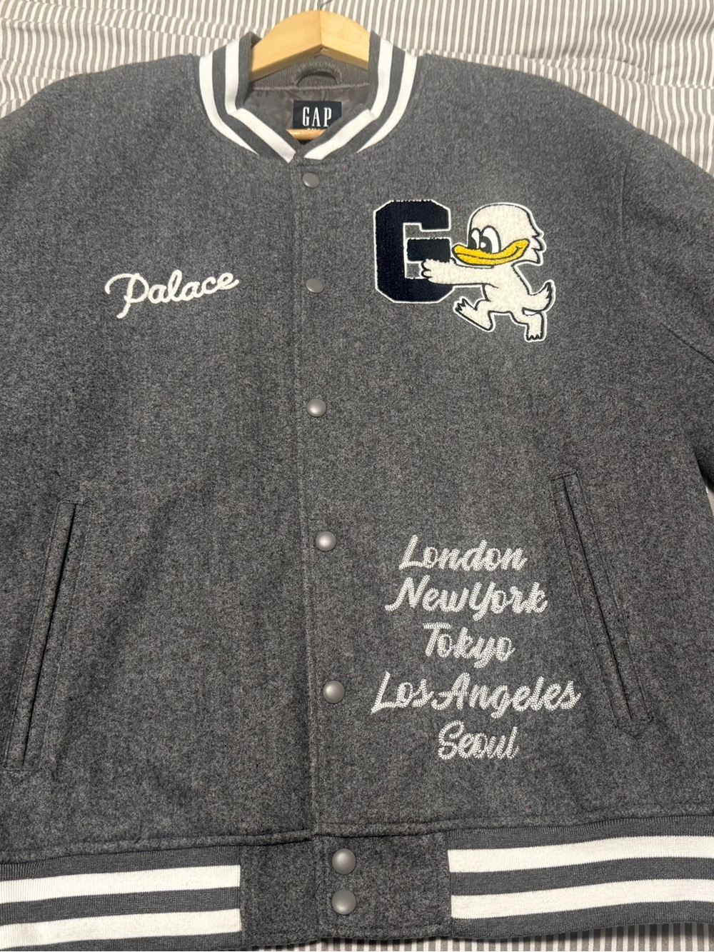 GAP Charcoal Gray Wool-Blend Varsity Jacket with Duck Patch